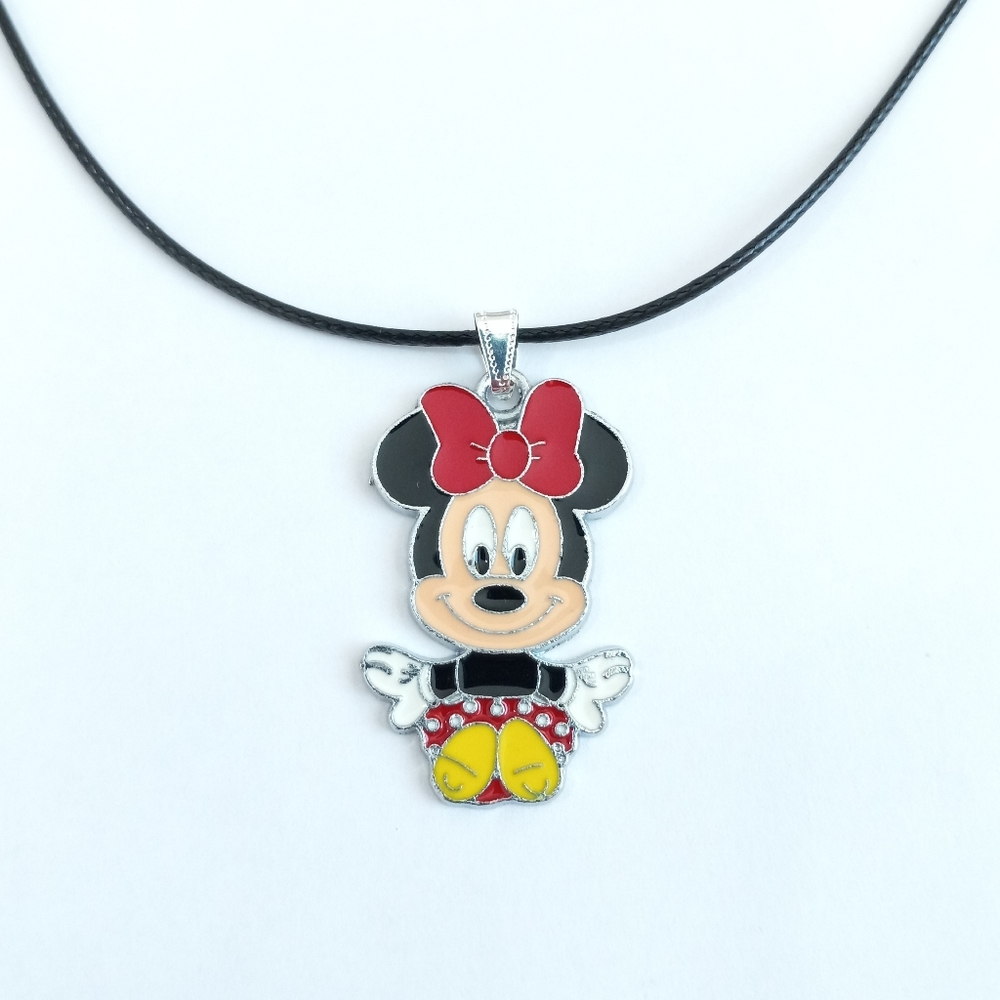 MINNIE MOUSE Silvertone/Enamel Pendant 18" Adjustable Chain Cord Necklace.Charm